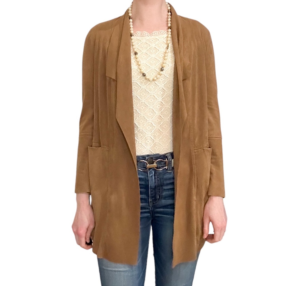 Max studio luxe faux suede topper duster cardigan jacket brown tan